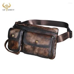 Waist Bags Genuine Leather Men Retro Coffee Travel Fanny Belt Bag Chest Pack Sling Design Phone Case Pouch Male 9802