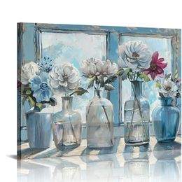 Vintage plażowe kwiat sztuki sztuka niebieska i biały kwiat w butelce Ocean Krajobraz Styl okienny obraz do sypialni domowy wystrój kuchni gotowy do powieszenia