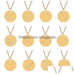 Pendant Necklaces Horoscope Zodiac Necklace For Women Crystal Gothic Jewellery Gold 12 Constellations Statement Round Coin Charm Choker Dh8Dl