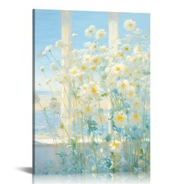 Large White Flower Canvas Paintings Wall Art, Textured Hand-Painted Oil Painting on Canvas for Bedroom Living Room Home Decoration