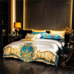 Bedding Sets Gold And Blue Embroidery Satin Comforter Cover 4/6/10Pcs Set Quilted Cotton Bedspread Flat/Fittedsheet Square Pillocases