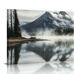 Горная лесная стена холст - Природный пейзаж теневой озеро картинка современная снежные туманные горы живопись с соснами