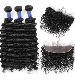 10A Brazilian Deep Wave 3Bundles with 13*4 Lace Frontal Peruvian Malaysian Human hair Bundles with Closure Wholesale for Women All Ages Jet Black9282558