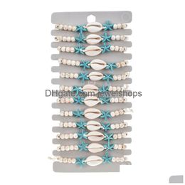 Charm Bracelets 12Pcs Fashion Jewellery Set Adjustable Shell Turquoise Wood Beads Starfish Woven Bracelet Animal Design Wooden Beaded J Dhlxp