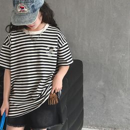 ZOETOP Korean Summer School Girl Cotton T-shirt Teenager Girl Casual Loose Short Sleeve Tops Junior Girl Soft Striped Top 240530