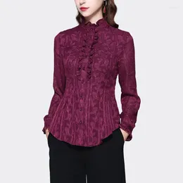 Women's Blouses 2024 Spring Women Wine Red Floral Chiffon Blouse Long Sleeve Stand Collar Slim Fit Button-down Shirts Vintage Casual Tops