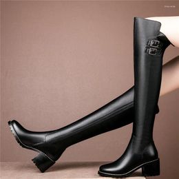 Boots Winter Thigh High Pumps Shoes Women Genuine Leather Cuban Heels Over The Knee Female Round Toe Platform Booties