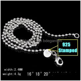 Chains 2.4Mm 925 Sterling Sier Beads Chain Ball Women Jewelry Diy Making Fashion Mens Lobster Clasp Necklaces Gifts 16 18 20-22-24 Dro Dhiar