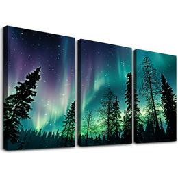 Aurora tuval duvar sanatı borealis kar dağ resim baskı kuzey ışıkları göl orman boyama yatak odası dekor çerçeve 12''x16''x3 paneller