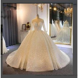 Glittering Sequins Princess Ball Wedding Dresses Long Sleeve Sheer Neck Ruffle Lace-Up Back Bridal Gown Vestido De Noiva 0530