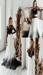2020 Vintage Black Wedding Dresses Jewel Neck Lace Appliqued Tulle A Line Long Sleeves Gothic Wedding Gowns Beach Style Abiti Da S5248499