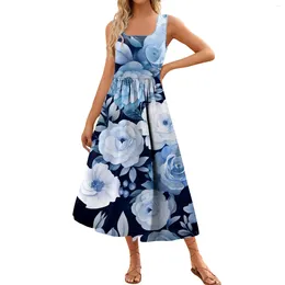 Casual Dresses 2024 Summer Women'S Pockets Maxi Floral Print Sleeveless Square Neck Flowy Long Beach Elegant Tank Sundresses