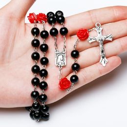 6 mm katholische Glasperlen Rosenkranz Halskette für Frauen rot Rose Langkette Kruzifix Kreuz inri Anhänger Männer religiöser Gebet Schmuck Schmuck