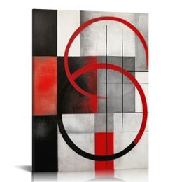 Red and Grey Abstract Geometric Circle Canvas Wall Art Rustic Burgundy Red Prints Artwork for Living Room Bedroom Christmas Wall Decoration