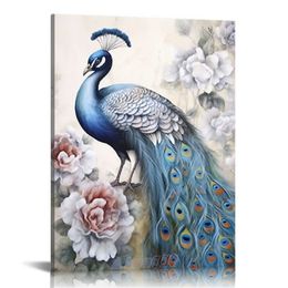 Canvas Prints Wall Art Blue Peacock Elegant Flower Painting Giclee Print on Canvas Vintage Home Office Living Room Bedroom Decor Artwork