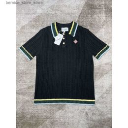 Men's Sweaters New Product Casablanca Designer Wool Knit Sweater Coat Brand Rib Loop Lapel Stripe Men Fashion Pearl Button Versatile Short Q240530