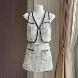 Work Dresses Fashion Korea Elegant Tweed Small Fragrance Short Jacket Cropped Vest High Waist Mini Skirts Suits Slim Women Two Piece Sets