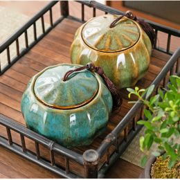 Chinese Ceramic Pumpkin Candy Jar with Lid Sealed Tea Can Vertical Grain Storage Box Home Nut Coffee Bean Powder Storage Bottle