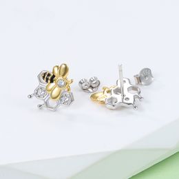 925 Sterling Silver Cute Animal Honey Bee Honeycomb Bumble Stud Earrings Yellow Gold Jewellery Birthday Gifts for Teen Girl Women