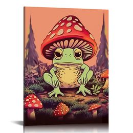 Framed Retro Meditating Frog Wall Art Carefree Frog Prints Vintage Frog Mushroom Picture Trendy 70s Aesthetic Poster Quote Wall Print for Bathroom Wall Decor