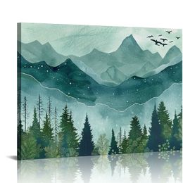 Forest Mountains Wall Art - Flying Birds Forest Canvas Picture Prints Nature Landscape Artwork Aesthetic Wall Art Decor for Bedroom Living Room Kitchen Home Office