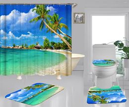 Shower Curtains Fashion Seaside Scenery 3D Digital Printing Bath Waterproof Polyester Bathroom Decorative Curtain 4-piece Set