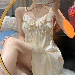 Women's Sleepwear Chest Pads Sexy V-neck Ice Silk Suspender Nightdress Women Ins Sweet Pricess Style Ruffles Loose Casual Large Size Home