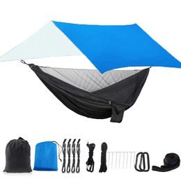 Hammocks Camping Hammock With 300*300cm Rain Fly Tarp and Mosquito Net Tent Tree Straps Portable 1-2 Nylon Parachute For Travel H240530 PZ61