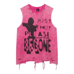 High Street American Vintage Washed Hole Ripped Vest Oversized Letter Printed Distressed Tank Top for Mens Casual Clothing Y2k 240529