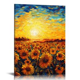 Sunflower Wall Art Canvas Print - Sunrise Yellow Plant Canvas Painting Rustic Posters Home Office Decorations Nature Flowers Landscape Pictures Kitchen Living Room