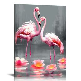 Animal Canvas Wall Art Pink Flamingo family Painting Picture Animal Love Canvas Prints Pink and Grey Artwork Living Room Bedroom Decor