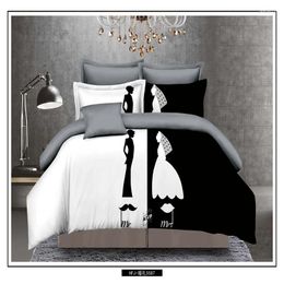 Bedding Sets Black&white He And She Full Size Double Bed 4pcs Linen Couples Duvet Cover Set #/L