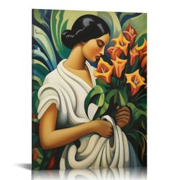Mexican Folk Art Poster Woman Holding Calla Lily Flower Painting Poster Canvas Wall Art Poster Print Picture Paintings for Living Room Bedroom Office Decoration