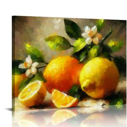 Arte da parede emoldurada, decoração de casa de arte da parede de natureza vintage, pintura de frutas da fazenda clássica para cozinha, decoração de jantar (limões e laranja)