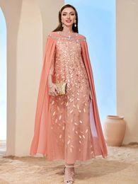Ethnic Clothing Leaves Embroidery Mesh Fashion Cloak Lady Dress Dubai Luxury Diamonds Shoulder Round Collar Vintage Party Gowns Robes Abaya