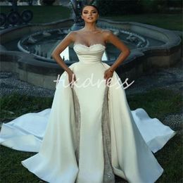 Glam Mermaid Wedding Dresses With Detachable Train Two Pieces Illusion Side Lace Country 2 In 1 Bridal Dress 2024 Appliques Lace Soft Satin Plus Size Vestios De Novia