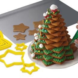 6pcs/ Set Christmas Tree Cookie Cutter Mold Xmas Plastic DIY 3D New Year Biscuits Gingerbread Maker Stamp Baking Accessories