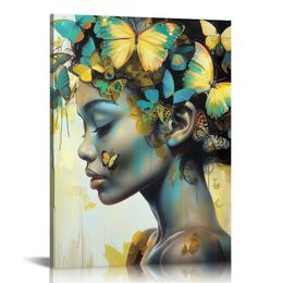Modern African American WaLL Art,Black Girl with Flowers Butterfly Head Painting, Woman Portrait Canvas Print Artwork for Home Bedroom Bathroom Living Room Decor