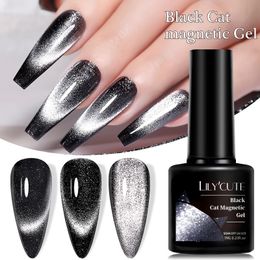 LILYCUTE 7ML Black Crystal Cat Magnetic Gel Sparkling Glitter Nail Polish Semi Permanent UV Art No Need Base Colour 240528