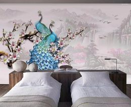 Wallpapers CJSIR Custom Wallpaper Chinese Landscape Three-dimensional Relief Blue Peacock Magnolia TV Background Wall 3d