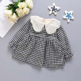 T-shirts Winter New Checkered Baby Girls Dress White Doll Neck Warm Long Sleeve ldrens Clothing H240530