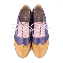 Casual Shoes Yellow Purple Pink Mixed Colours Genuine Leather Oxford For Women Lace Up Soft Bottom Flats