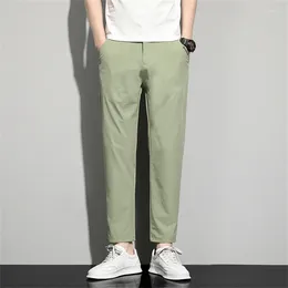 Men's Pants Men Ice Silk Casual Mid Waist Green Solid Ankle Length Summer Male Stylish Wide Leg Business Breathable Thin Trousers