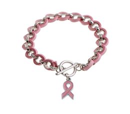 WholeNew Pink Ribbon Breast Cancer Awareness Wake Visor Charm Bracelets Bangles Pink alloy Love ribbon Chenille woven Brace6566683