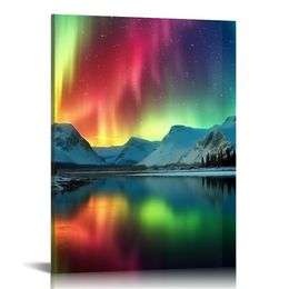 Aurora Borealis Canvas Wall Art Northern Lights Canvas Print Painting for Living Room Snowy-Mountains-Landscape Poster Picture Framed Prints Ready to Hang