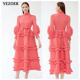 Casual Dresses Miyake Pleated Tierred Ruffles Solid For Women Stand Collar Lantern Sleeve High Waist Loose Plus Size Clothes