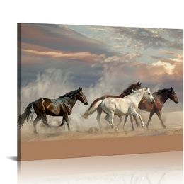 Canvas Wall Art Black White Brown Running Horse Trot On Sunset Desert Animal Painting Wall Decor Print Picture Framed Bedroom Decoration