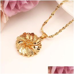 Pendant Necklaces Dubai Necklace Women Ethiopian 9 K Real Yellow Gold Gf Girls Party Jewelry Africa/Arab Flower Drop Delivery Dhgarden Dhj0U