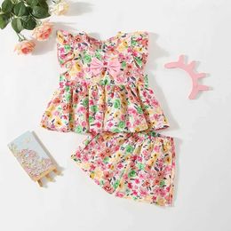Clothing Sets Summer New Two-Piece Set For Baby Girls Sweet Princess Dress Birthday Party Small Flying Sleeve Floral Shorts Lightweight H240530 Q9SN
