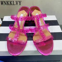 Slippers Chunky High Heel Transparent PVC Women Narrow Band Rhinestone Rivet Decor Flower Sandals Ladies Summer Sexy Party Shoes